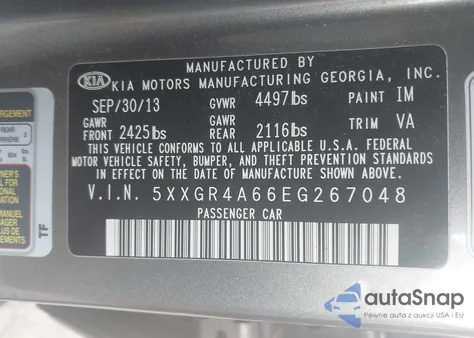 2014 Kia Optima z USA, uszkodzony, nr VIN 5XXGR4A66EG267048